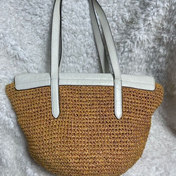 Michael Kors Naomi large tan straw crochet tote bag white leather flop &… - Picture 4 of 13